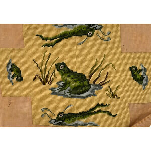 Finished Needlepoint Doorstop Brick Cover Leaping Frog in Pond Vintage Preworked